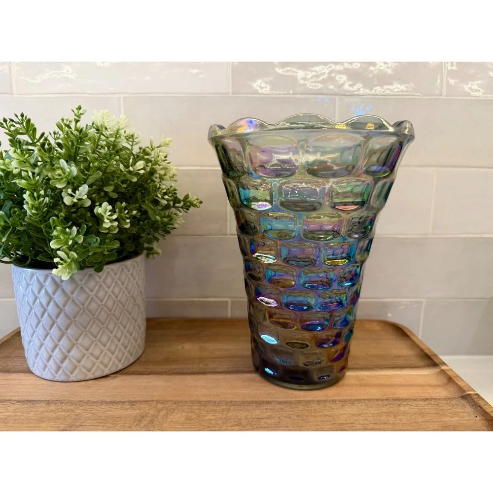 Iridescent Carnival Glass Vase‎ Honeycomb Block Optic Scalloped Rim Smoke Luster